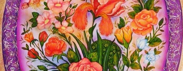 An ornate oval painting featuring vibrant birds and colorful flowers surrounded by a purple decorative border.