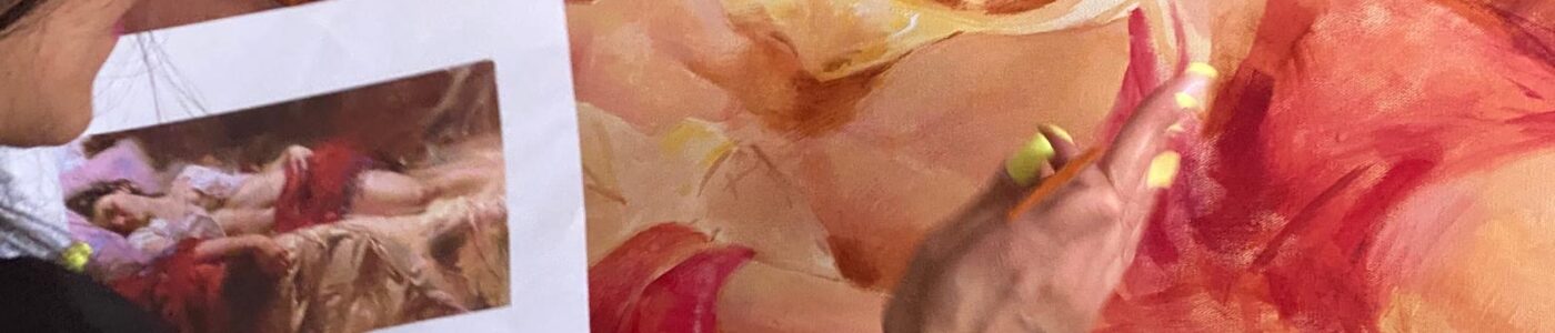 Artist painting a reclining nude in warm tones, referencing a printed image taped to the canvas.
