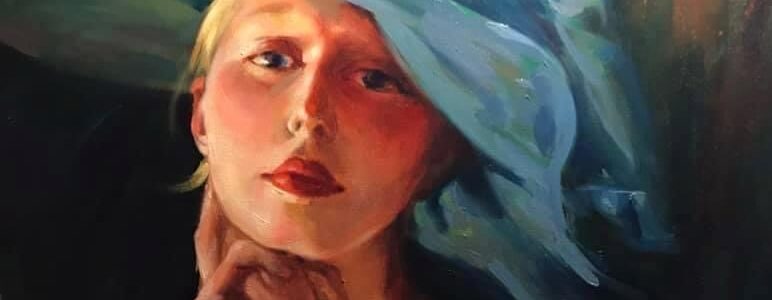 A contemplative woman wearing a large blue hat, resting her chin on her hand, rendered in soft, expressive brushstrokes.