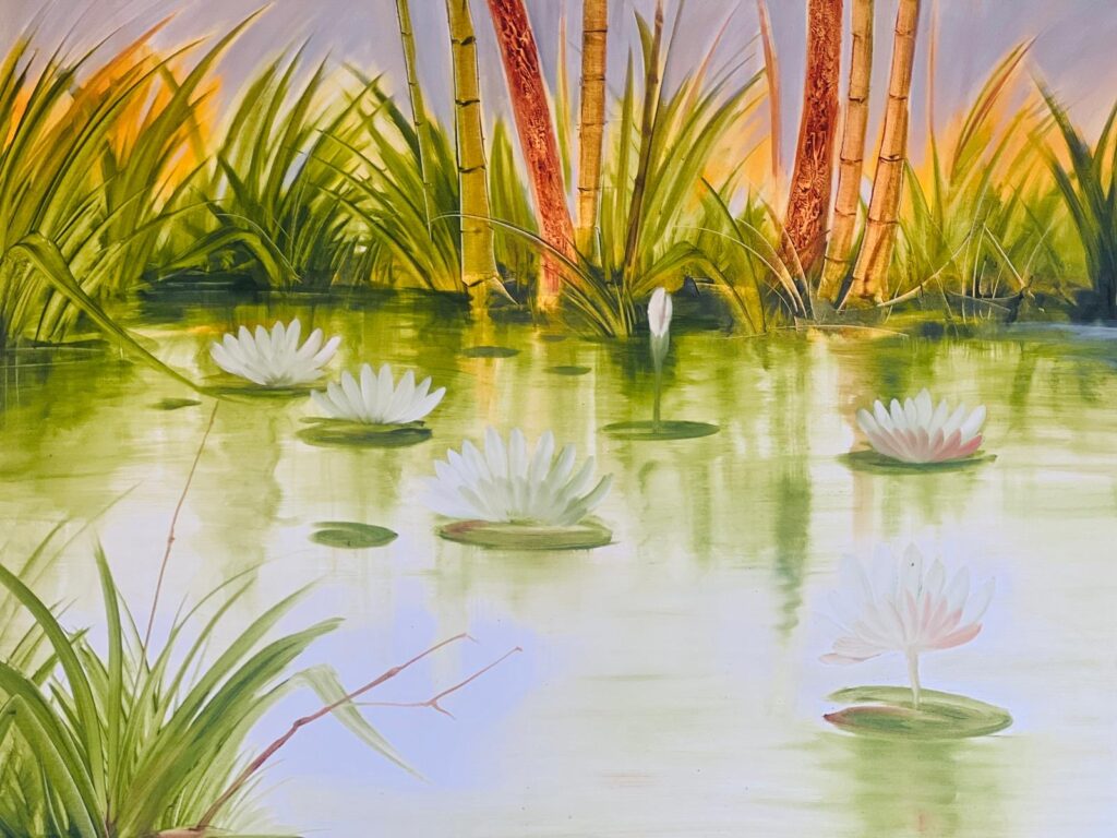 Tranquil painting of a serene pond with white lotus flowers, tall grass, and bamboo in the background under soft golden light.