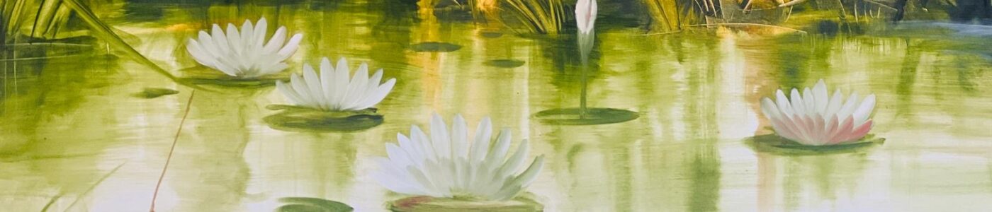 Tranquil painting of a serene pond with white lotus flowers, tall grass, and bamboo in the background under soft golden light.