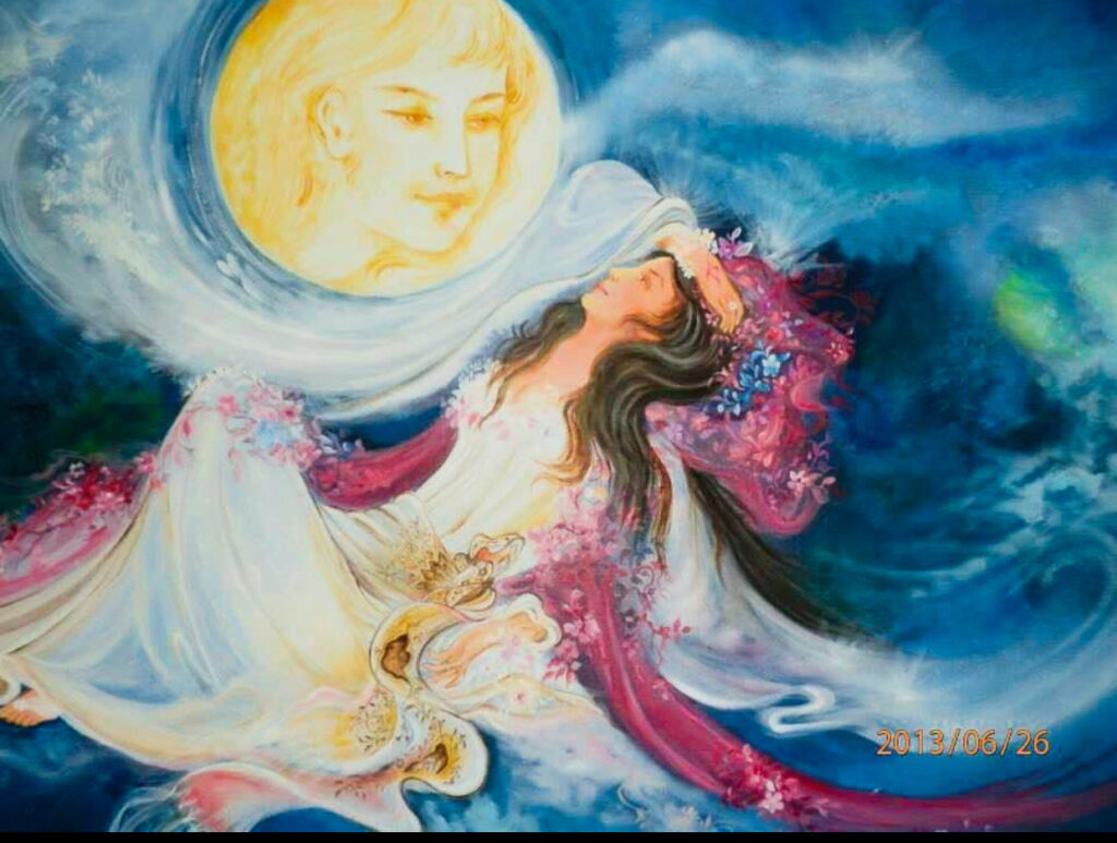 A dreamlike painting of a woman draped in flowing robes lying beneath a moon with a serene human face, set against a swirling blue sky.
