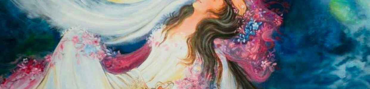 A dreamlike painting of a woman draped in flowing robes lying beneath a moon with a serene human face, set against a swirling blue sky.