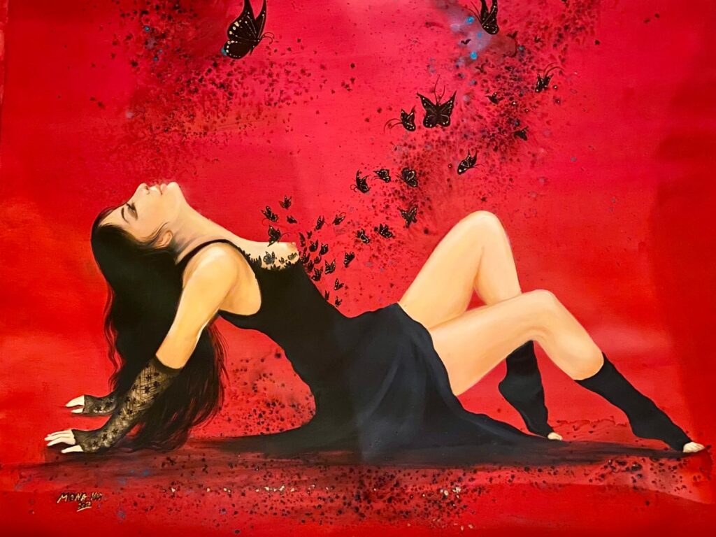 A woman in a black outfit lounges dramatically on a red background with scattered dark butterflies, creating a moody and sensual atmosphere.