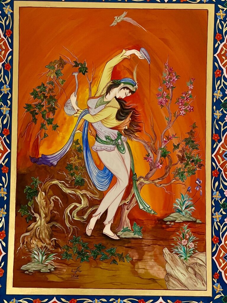 Persian-inspired painting of a dancing woman in flowing yellow and blue garments set against a vivid red background with decorative floral border.