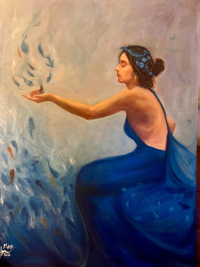 A woman in a flowing blue dress sits by the water, extending her hand as translucent fish-like shapes rise from her palm, symbolizing emotion and inner currents.