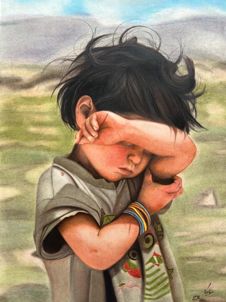 A young child standing in a dusty open landscape, shielding their eyes with their forearm as wind tousles their hair.