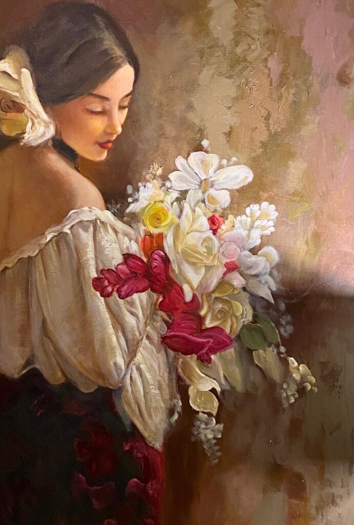 A woman in an off-shoulder vintage dress gently holds a bouquet of white, red, and yellow flowers, her head bowed in a serene, contemplative pose against a warm, painterly background.