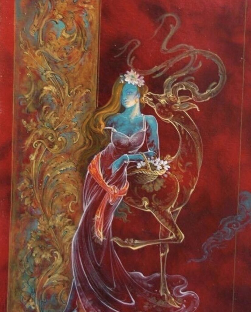Fantasy painting of a blue-skinned goddess in flowing red garments standing against a deep crimson background with swirling decorative elements.