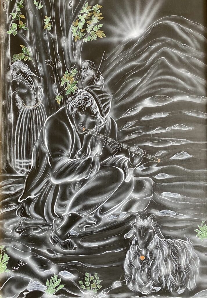 A monochromatic scene of a seated musician playing a flute beside a flowing stream, with a shepherd, sheep, and layered mountains beneath a radiant light in the sky.