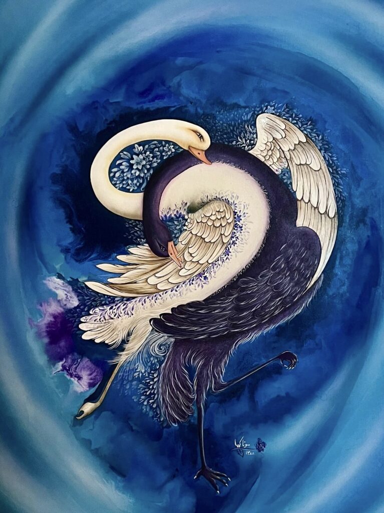 Two swans, one white and one black, intertwined in a spiral formation resembling a yin-yang symbol against a deep blue swirling background.