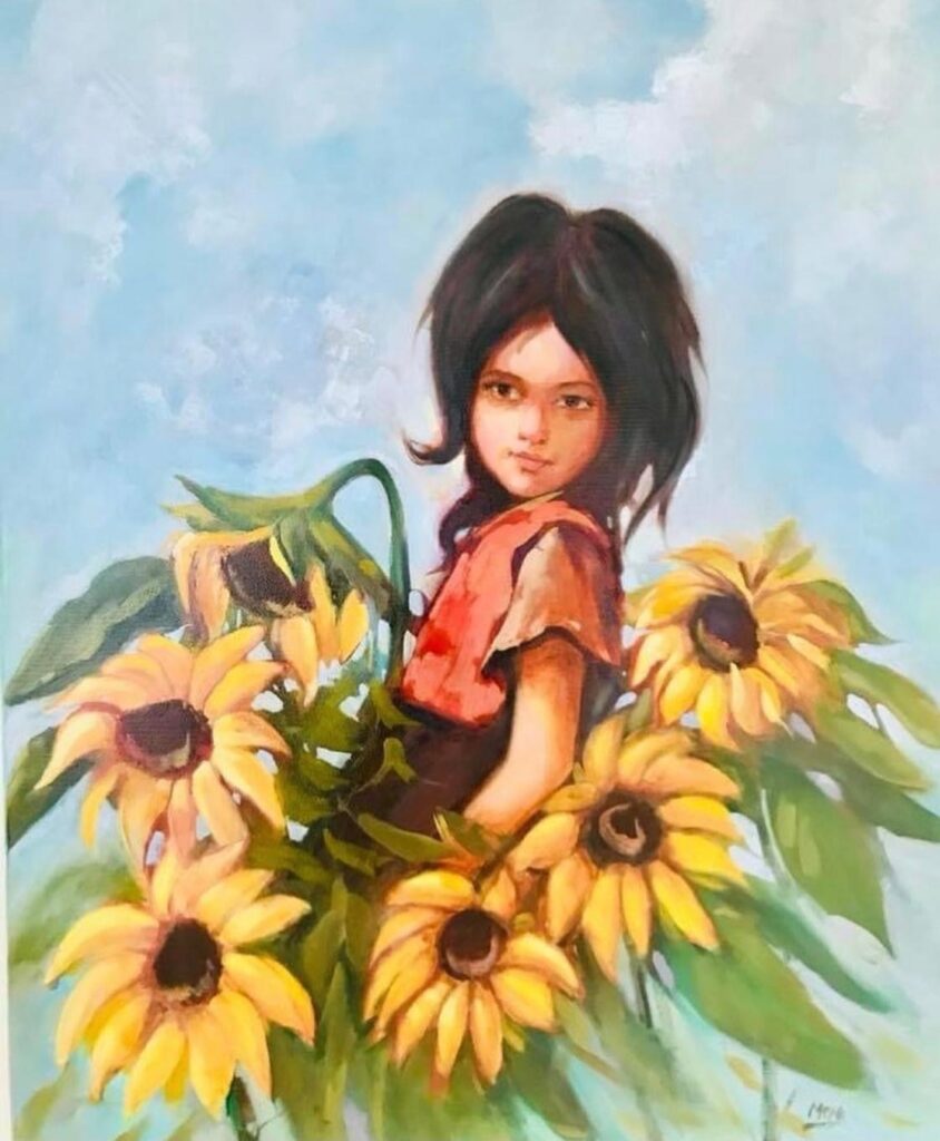 Painting of a young girl with dark hair standing among large yellow sunflowers under a soft blue sky.