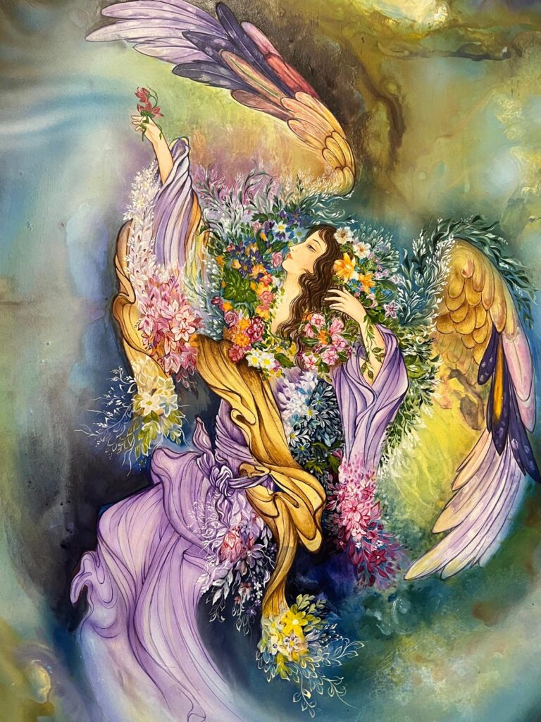 A winged angelic woman surrounded by vibrant flowers, lifting a red blossom toward the sky as flowing robes and multicoloured wings swirl around her.
