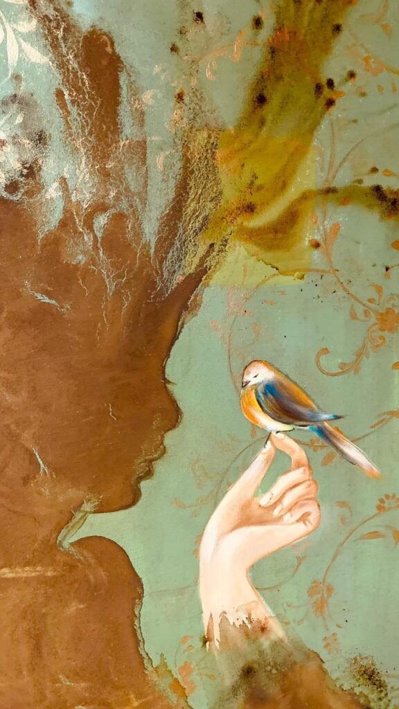 Dreamlike painting of a woman’s profile in shadow with a small bird perched on her fingertip against a soft green and golden abstract background.