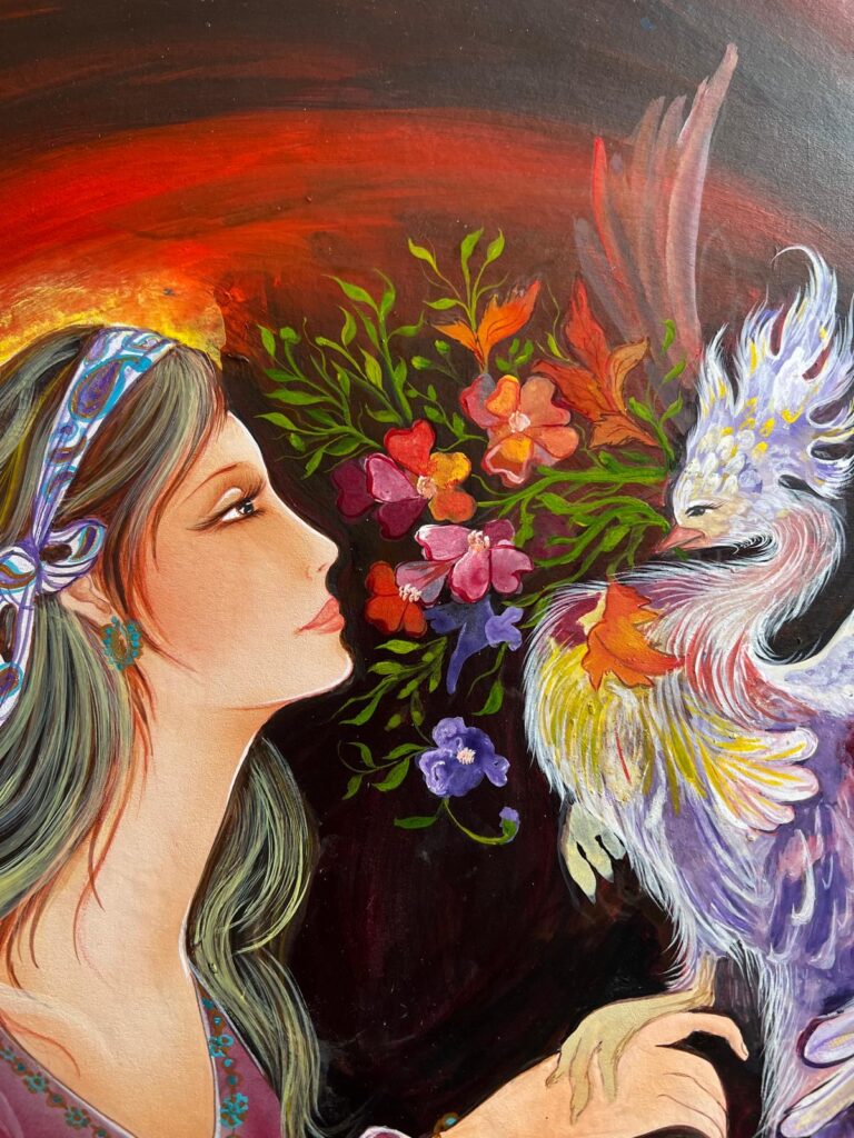 A woman gazing at a vibrant mythical bird surrounded by colorful flowers against a dark background with a warm red glow.