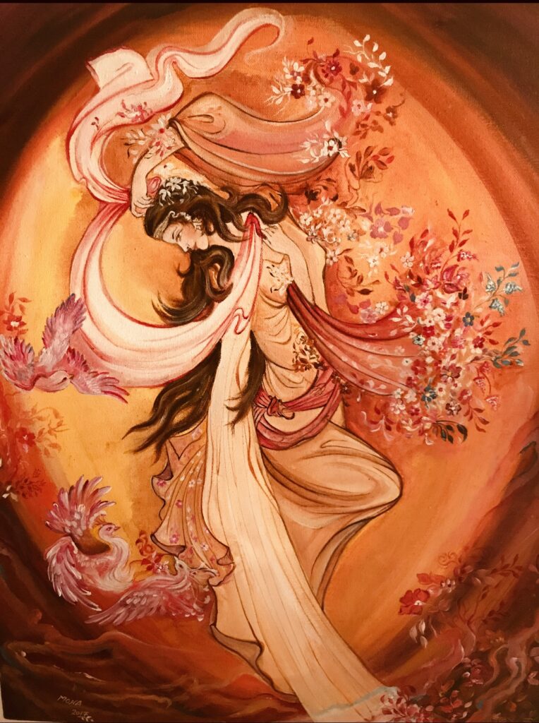 A graceful woman in flowing robes surrounded by warm golden light, drifting silk veils, blooming red flowers, and two delicate birds in a glowing circular backdrop.