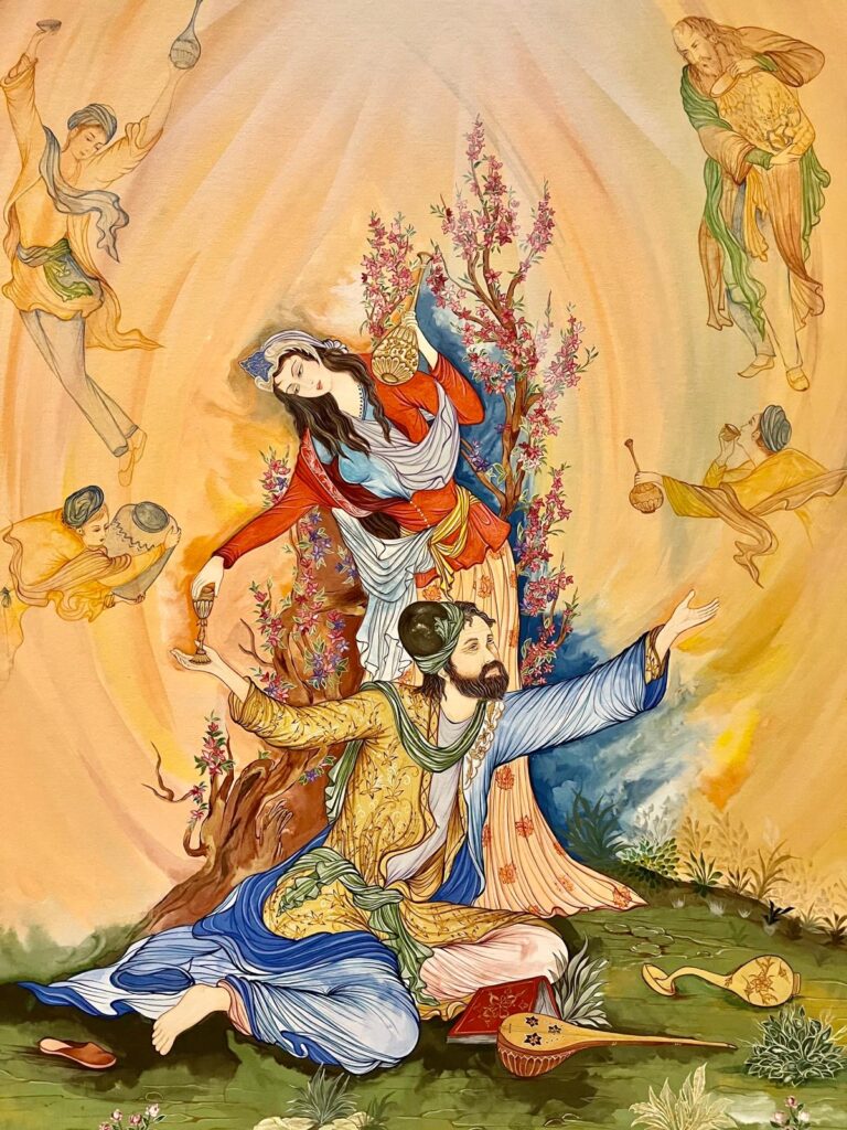 Persian-style painting of a seated bearded man playing a lute beside a woman in flowing red and blue garments, surrounded by floating figures and warm golden light.