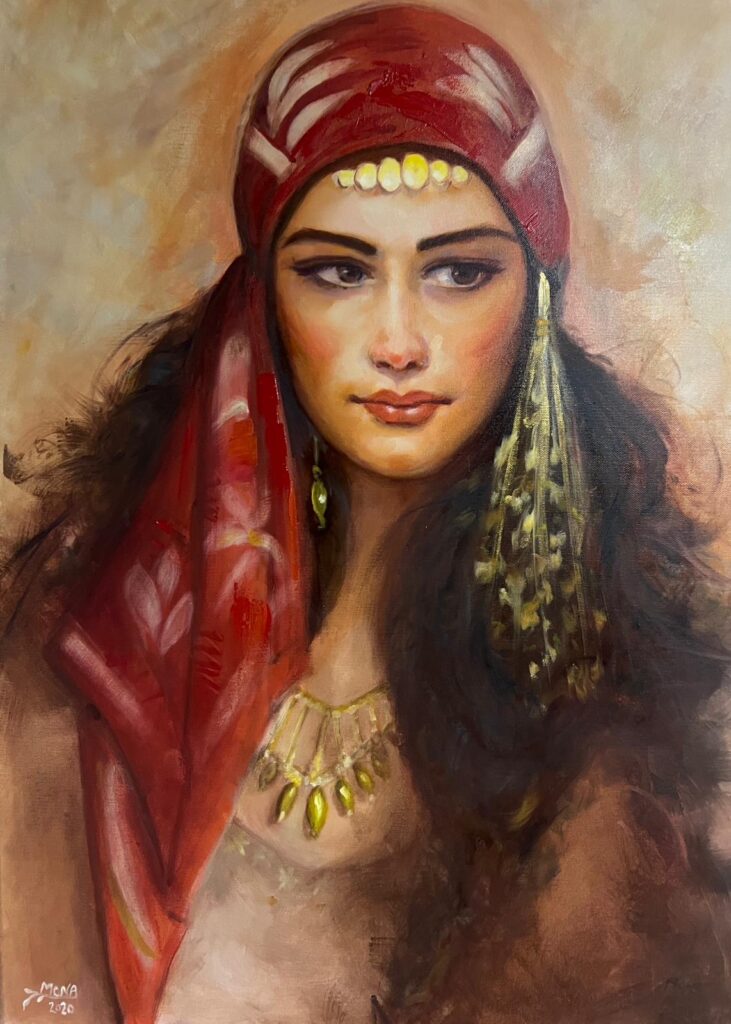 Portrait painting of a woman with long dark hair wearing a red headscarf and gold jewelry, gazing calmly to the side.