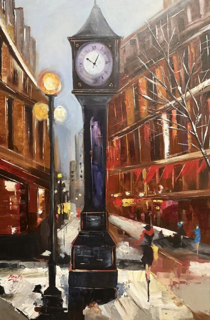 Painting of the Gastown steam clock in Vancouver on a glowing evening street with warm lights reflecting on wet pavement.