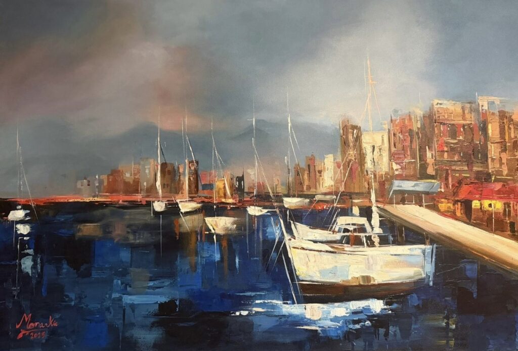 Painting of sailboats docked at a harbour during twilight with warm city lights reflecting on the water.
