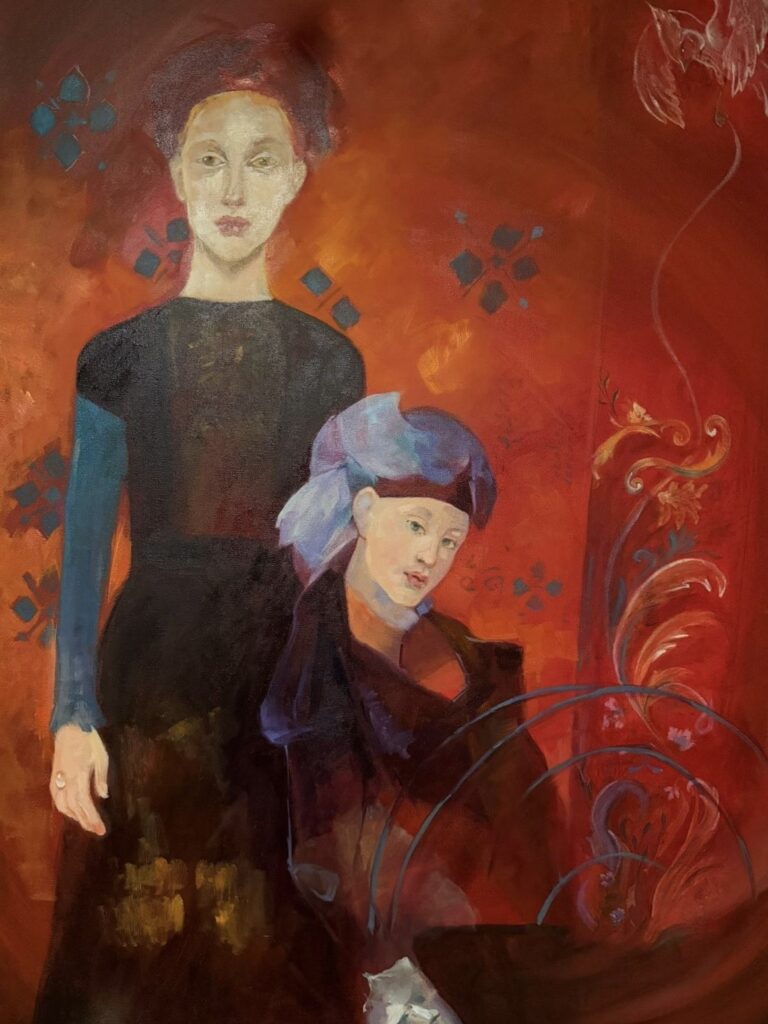 An expressive painting of a tall woman standing behind a seated child against a deep red background, suggesting protection and quiet guardianship.