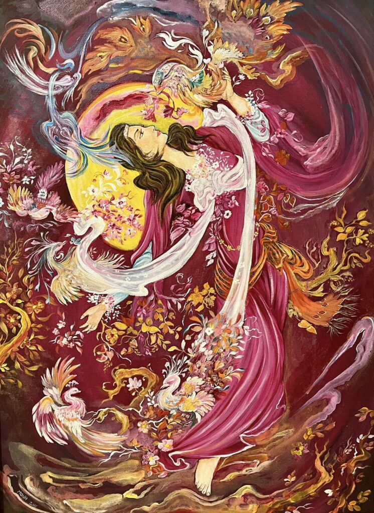 Fantasy painting of a woman in flowing red garments surrounded by swirling birds, flowers, and golden phoenix-like forms against a deep crimson background.