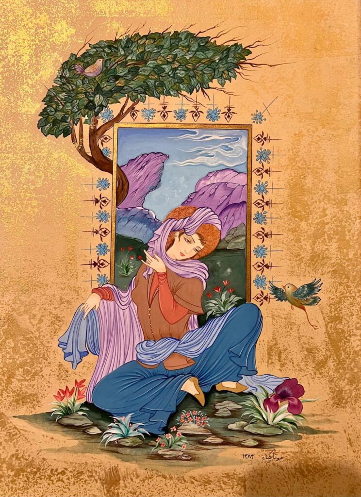 A stylized painting of a woman resting beneath a tree beside a decorative frame showing mountains, with a small bird nearby in a warm golden landscape.