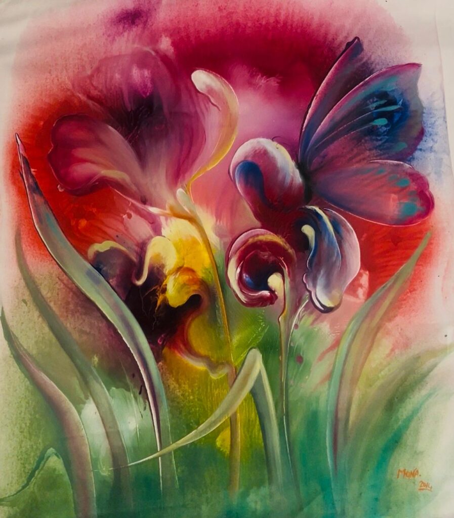 A vibrant abstract floral painting with flowing petals in red, pink, purple, and yellow rising from soft green stems against a glowing background.
